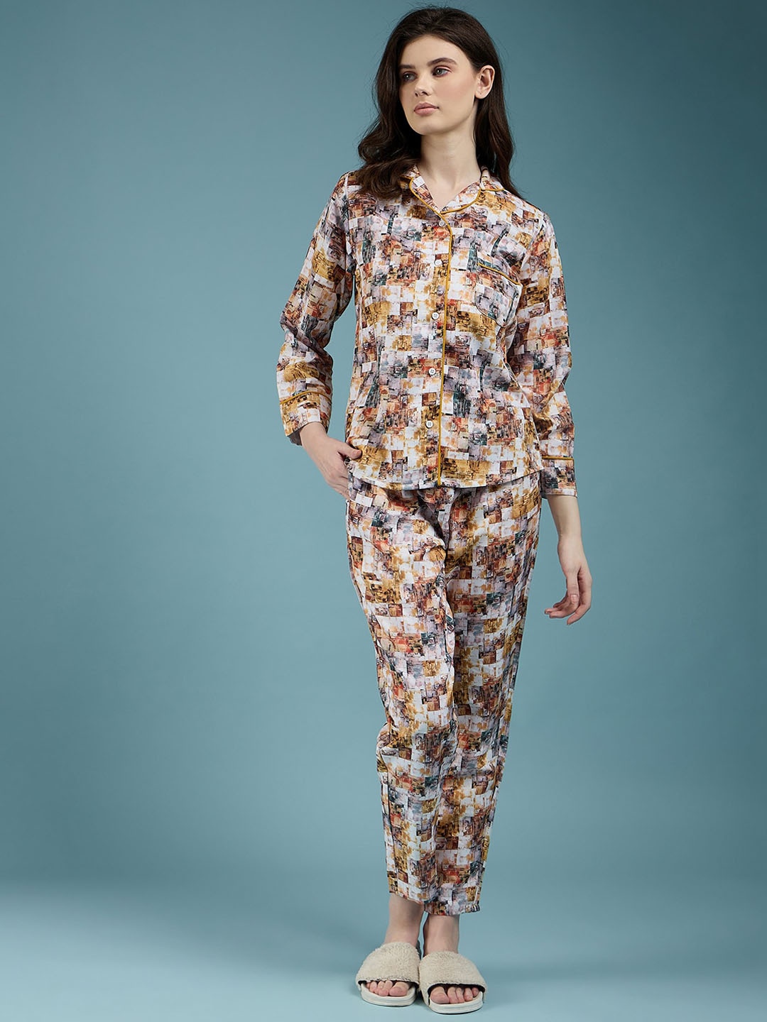 all about you White Yellow Abstract Printed Shirt With Trouser