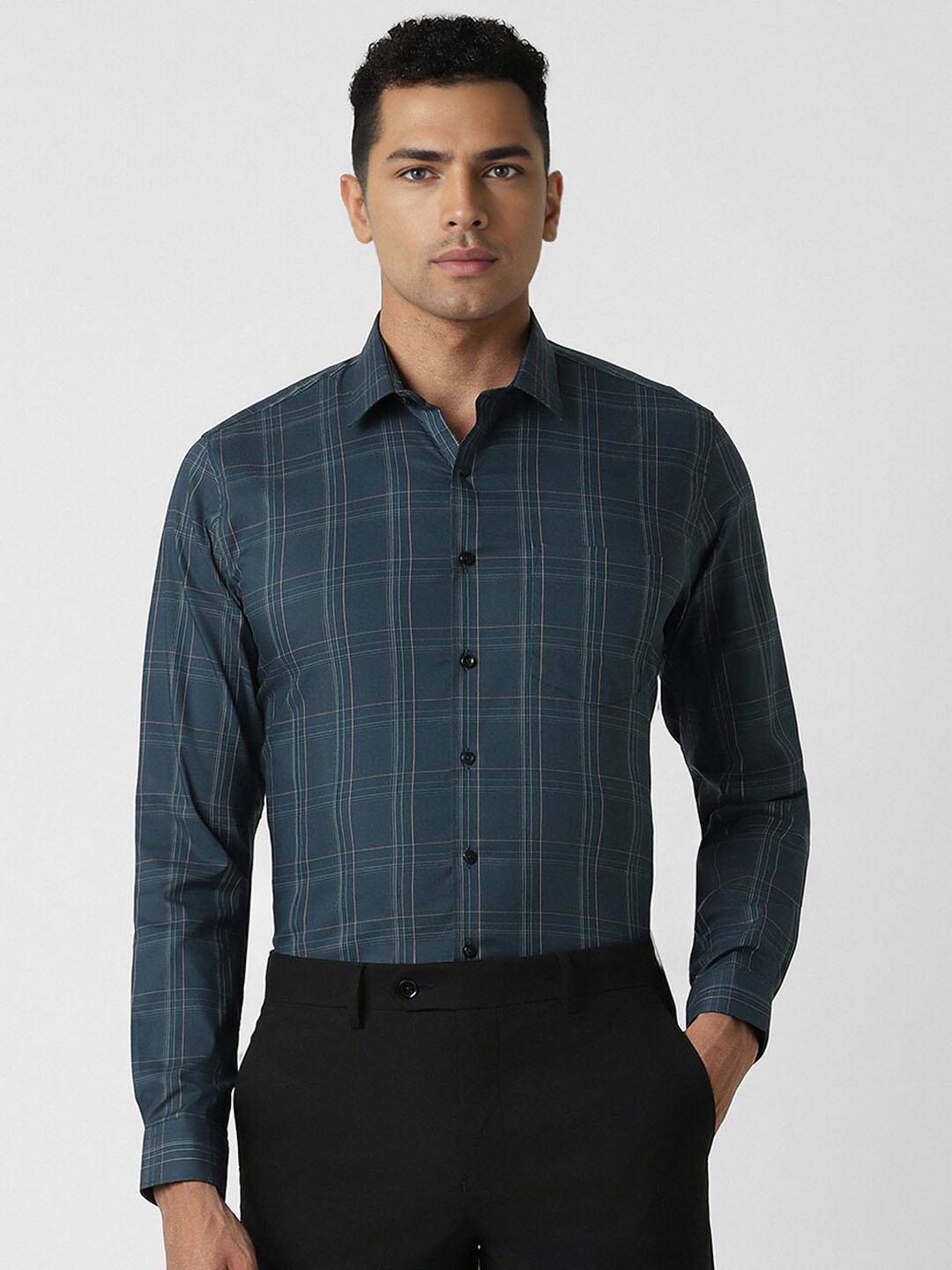 

Van Heusen Slim Fit Checked Spread Collar Formal Shirt, Green