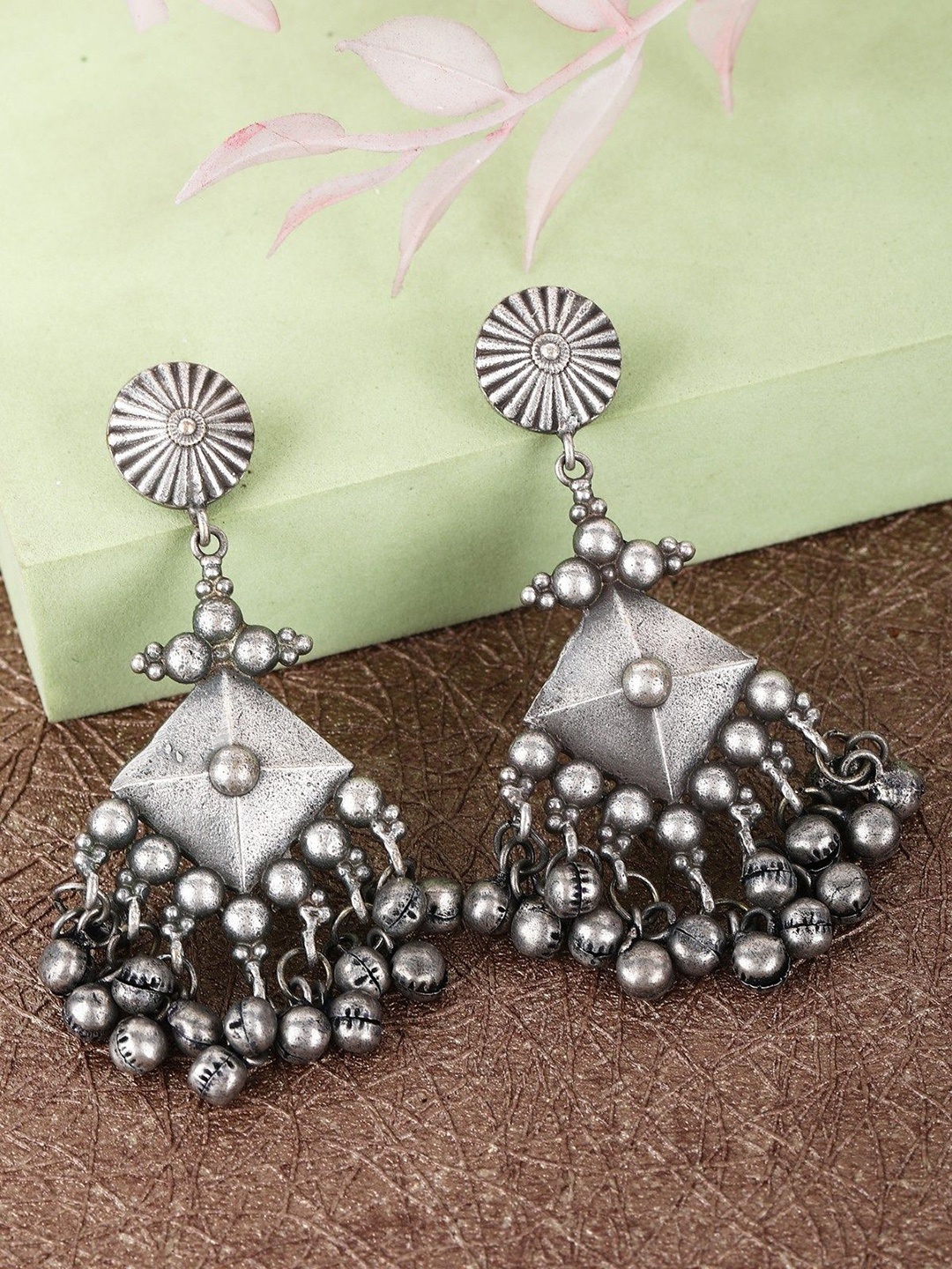 

Sangria Silver-Plated Contemporary Oxidised Drop Earrings