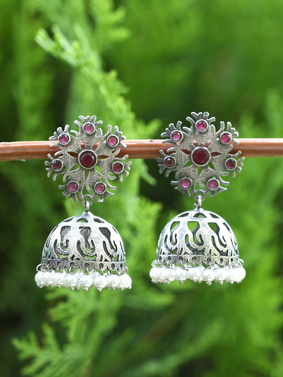 

Sangria Red Silver-Plated Stone Studded Oxidised Jumkas