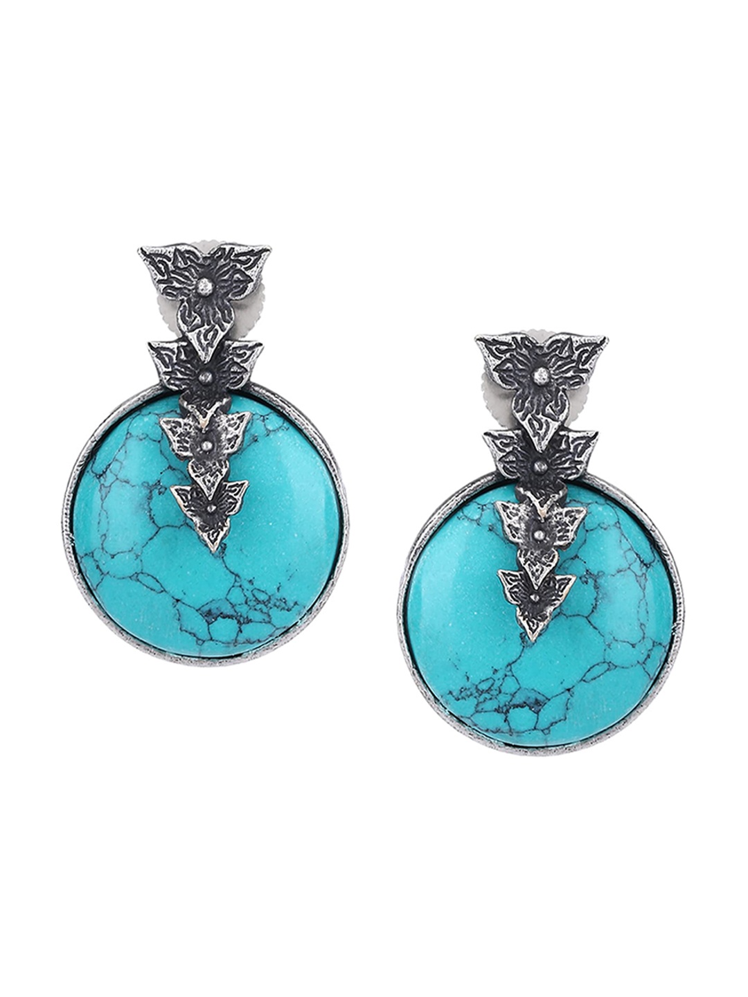 

Sangria Blue Silver-Plated Stone Studded Oxidised Drop Earrings