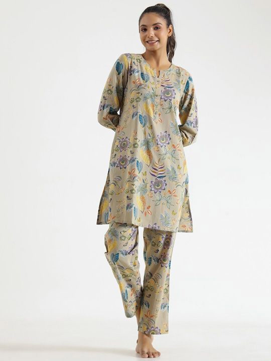 

MAHALASA Printed Three Quarter Sleeve Tunic Top & Trouser Co-Ords, Olive