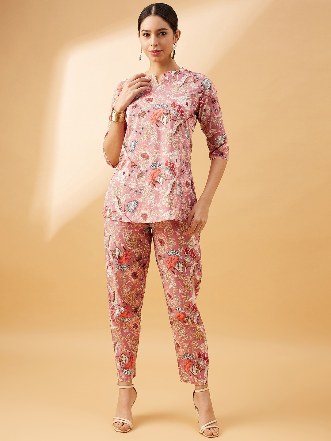 

MAHALASA Printed Round Neck Top & Flared Trouser Co-Ords, Pink