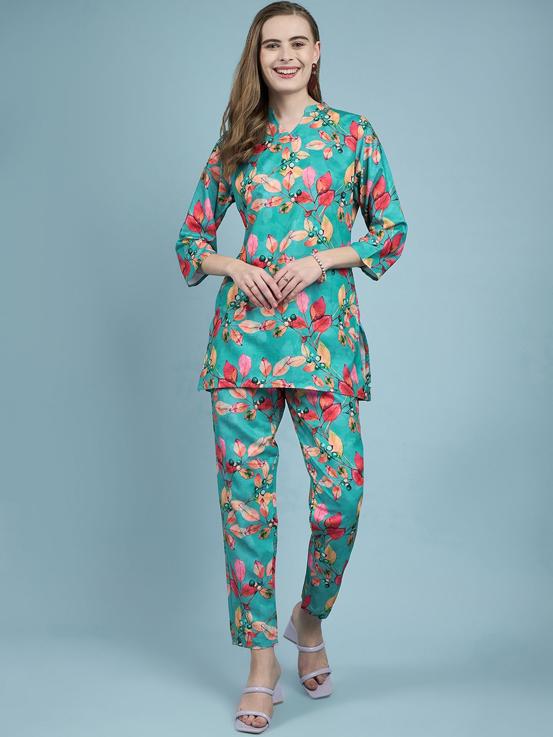 

MAHALASA Floral Print Tunic & Trousers Co-Ords Set, Green