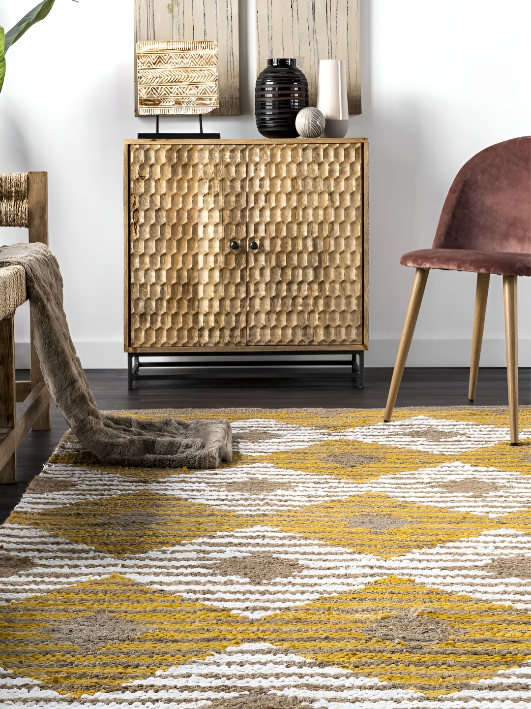 

RUGSMITH White & Yellow Geometric Hand-Tufted Carpet