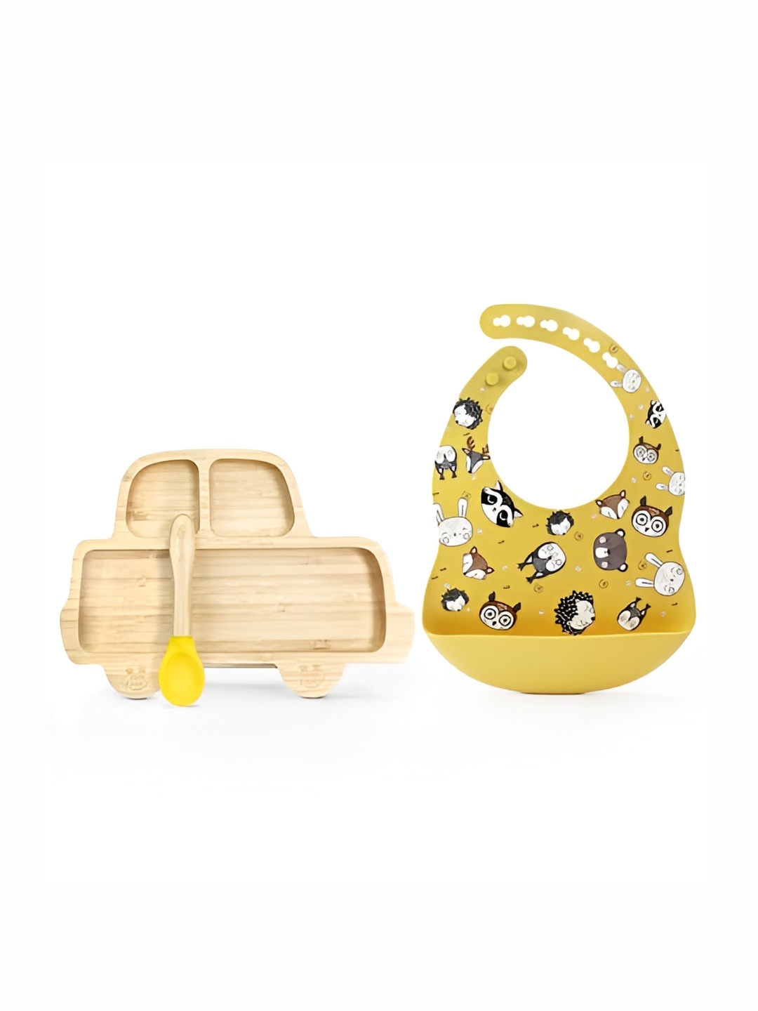 

Starkiddo Yellow Bamboo Plates With Silicone-Tipped Bamboo Spoons & Silicone Bibs