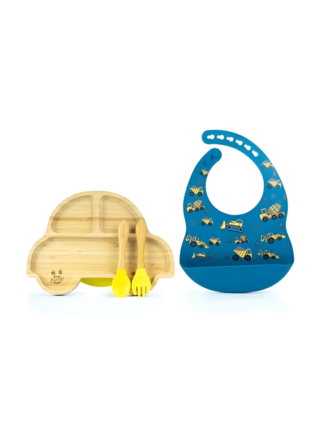 

Starkiddo Brown & Yellow Car-Shape Bamboo Plate With Bibs Spoon & Fork