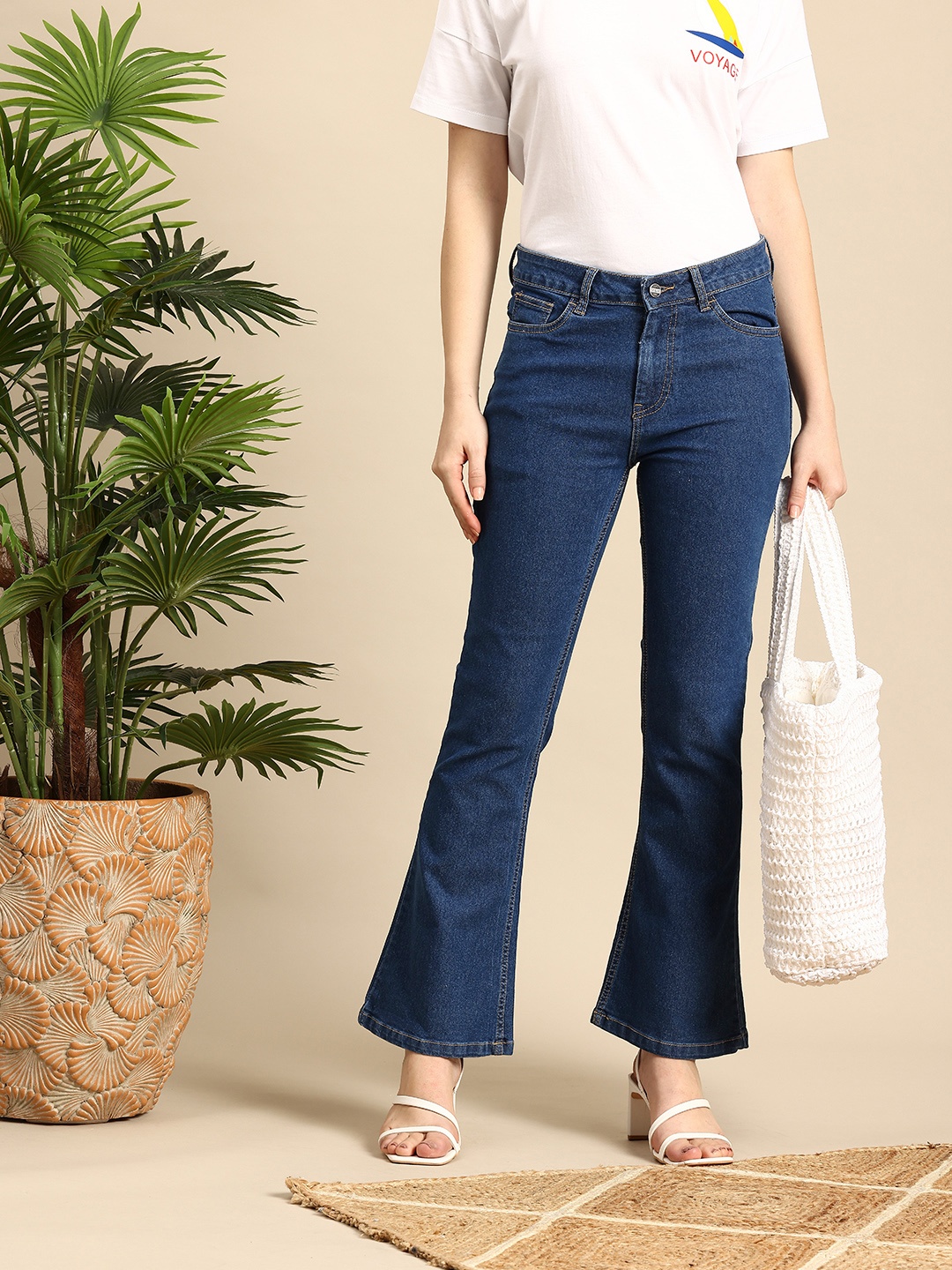 

Mast & Harbour Women Flare Fit Stretchable Bootleg Jeans, Navy blue