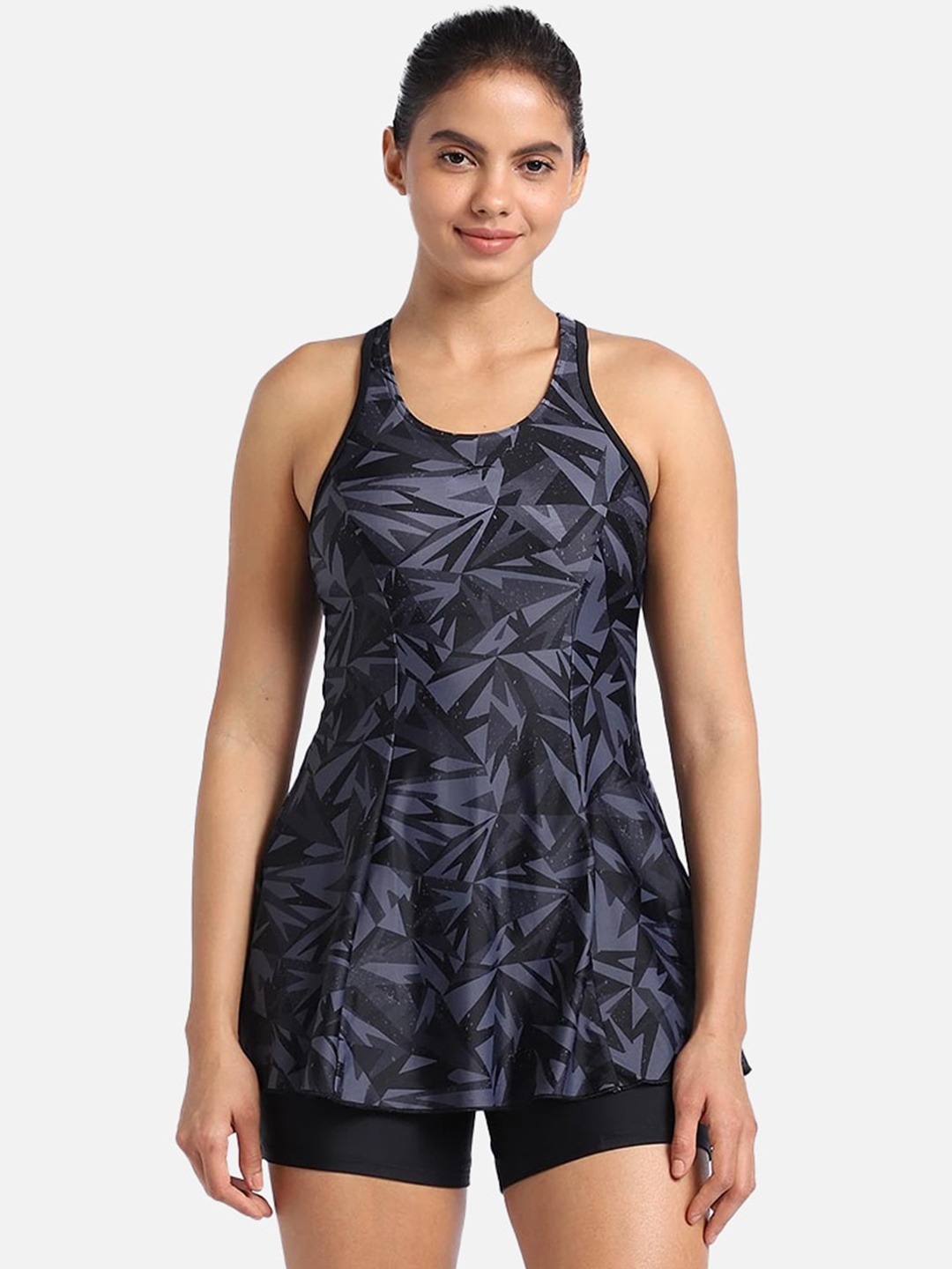 

Speedo Printed Racerback Swimdress With Boyleg, Black