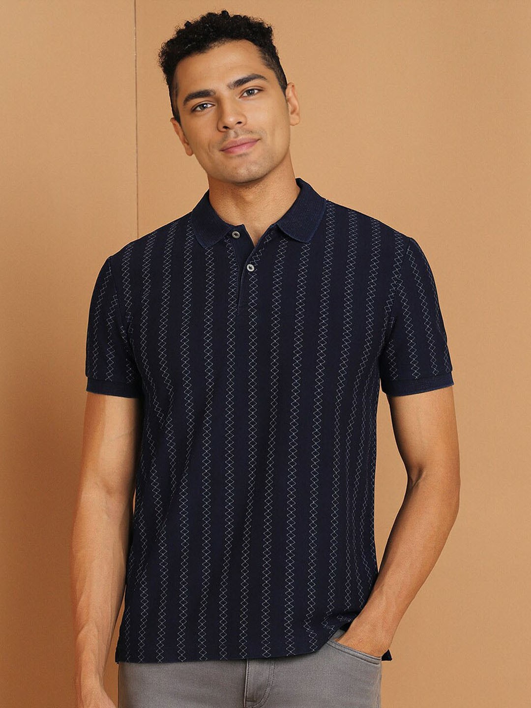 

Allen Solly Self Design Polo Collar Cotton T-shirt, Navy blue
