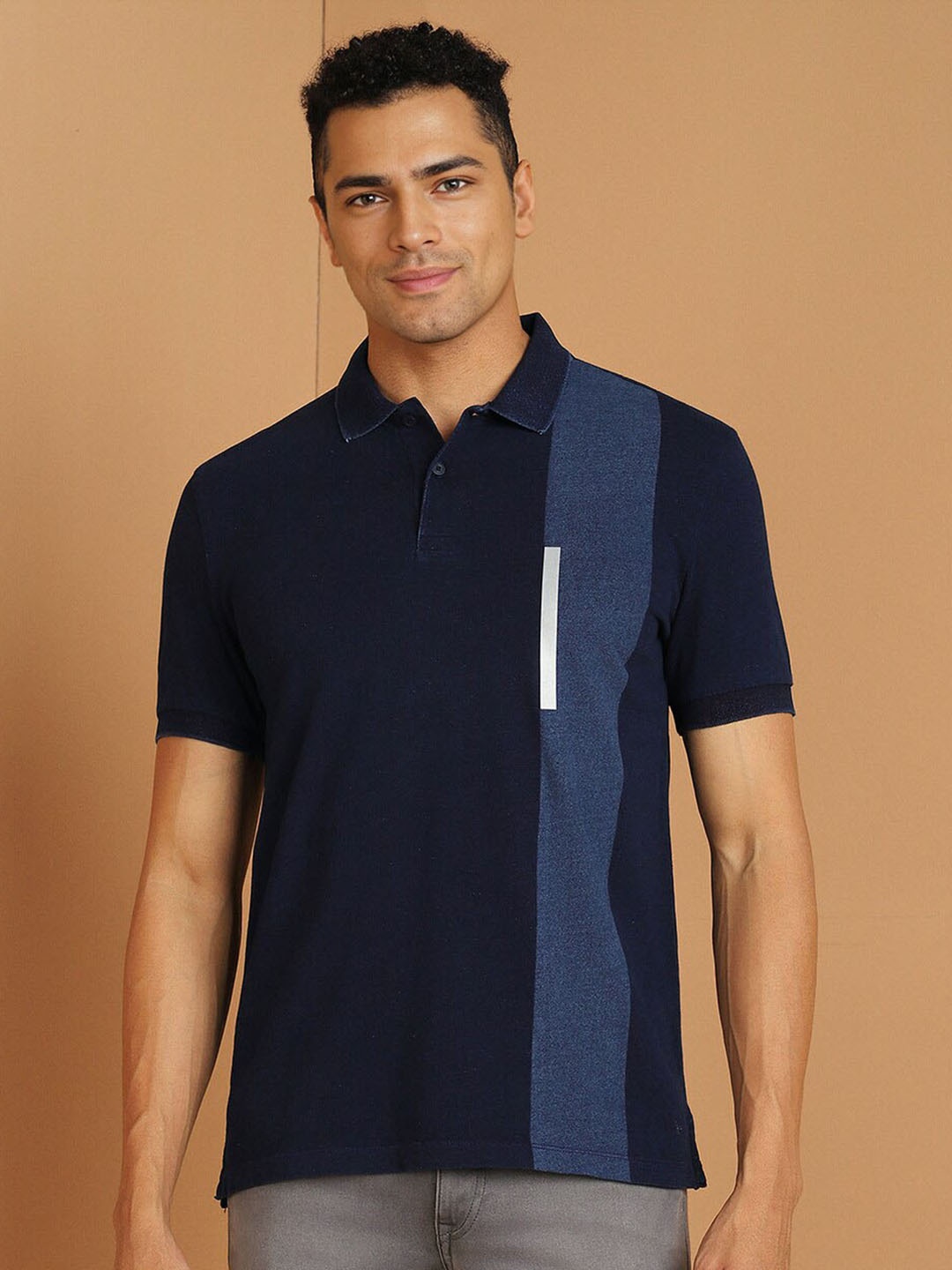 

Allen Solly Colourblocked Polo Collar Cotton T-shirt, Navy blue