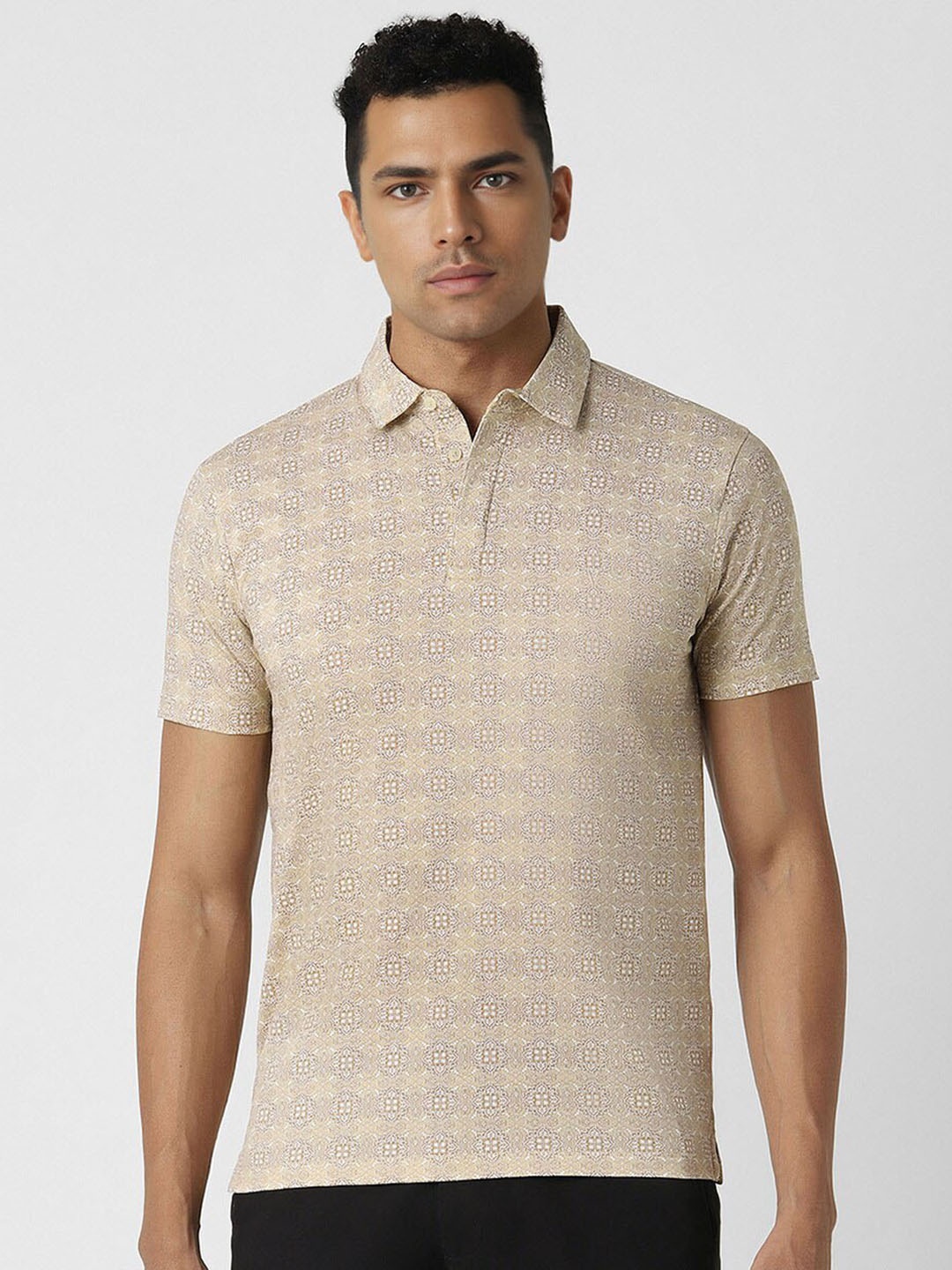 

V Dot Men Floral Printed Polo Collar Cotton Slim Fit T-shirt, Beige