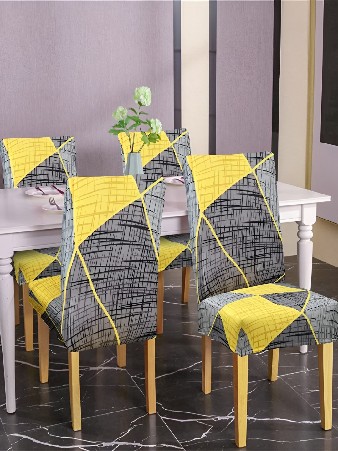 

B BESTILO Grey & Yellow 4 Pieces Geometric Printed Stretchable Chair Covers