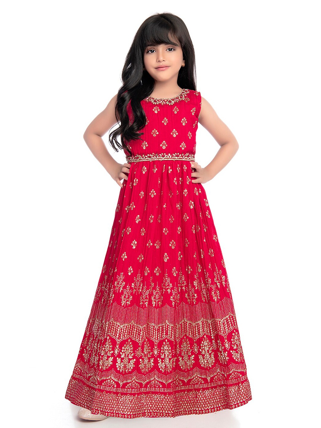 

Tiny Kingdom Girls Ethnic Motifs Printed Fit & Flare Maxi Dress, Pink