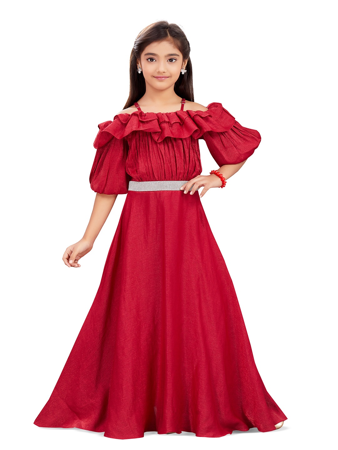 

Hunny Bunny Puff Sleeve Fit & Flare Partywear Maxi Dress, Red