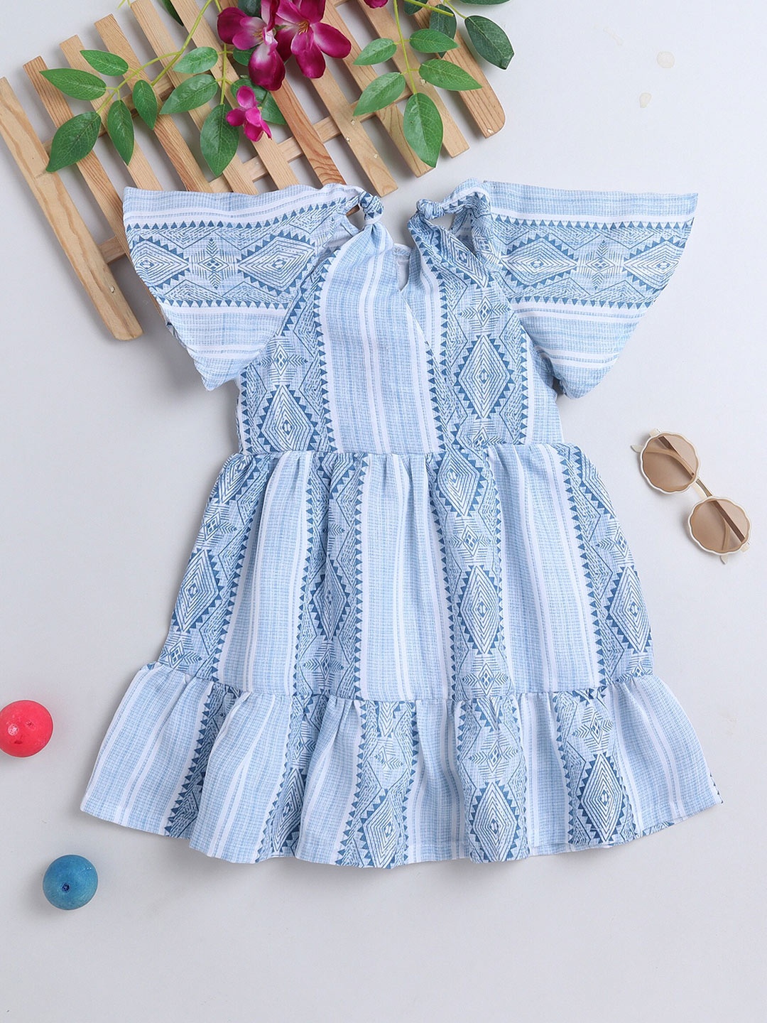 

YK Girls Striped Tie-Up Neck Flared Sleeve Cotton Fit & Flare Dress, Blue