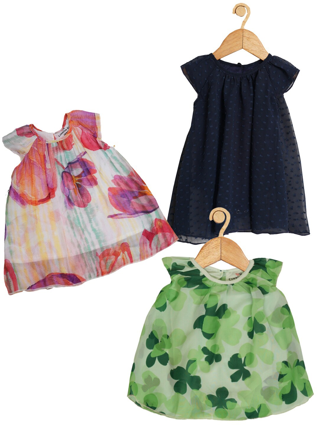 

Creative Kids Girls Pack Of 3 Floral Print Round Neck Fit & Flare Dresses, Navy blue