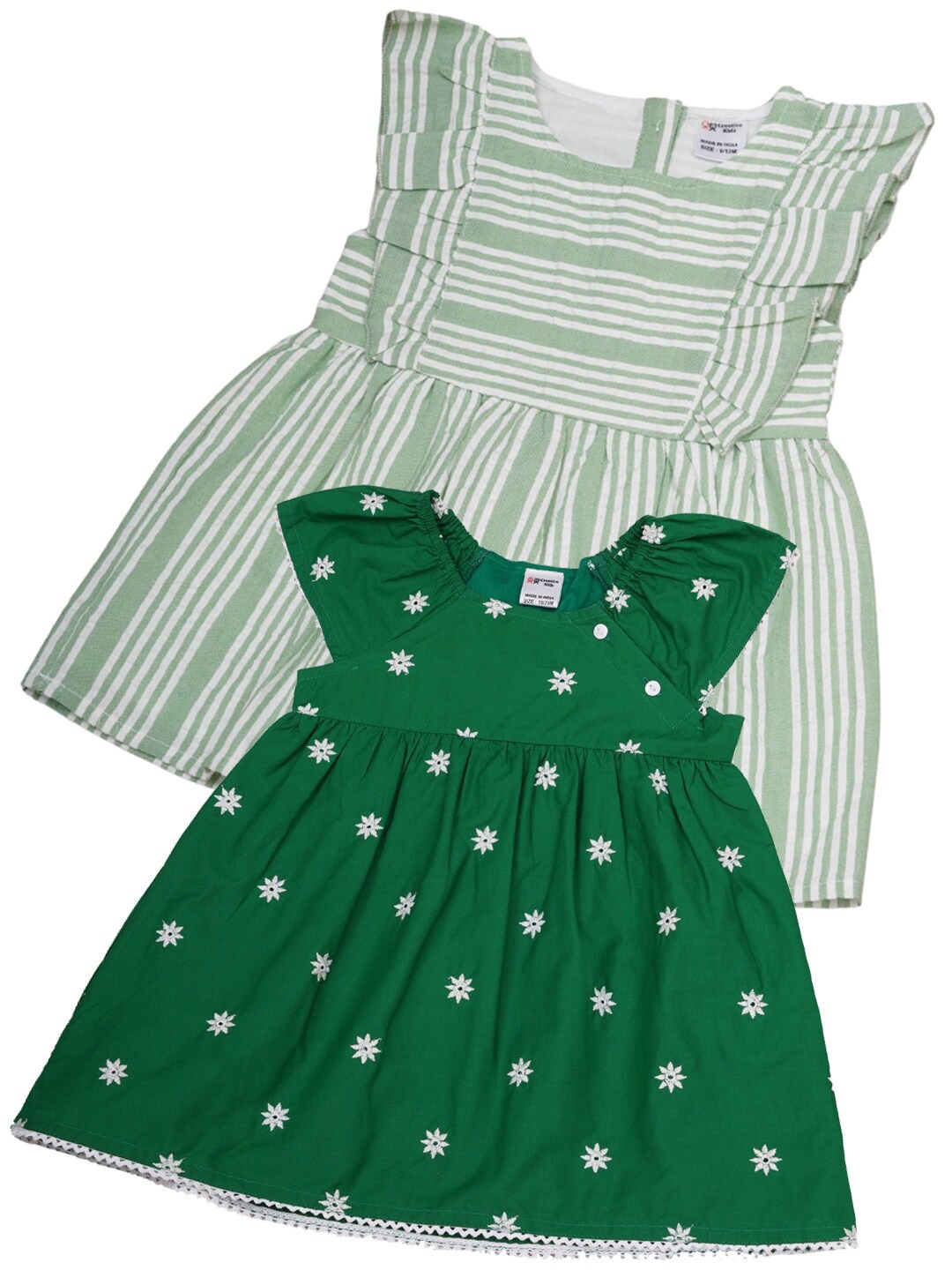 

Creative Kids Girls Pack of 2 Striped Round Neck Cap Sleeves Cotton Fit & Flare Dress, White