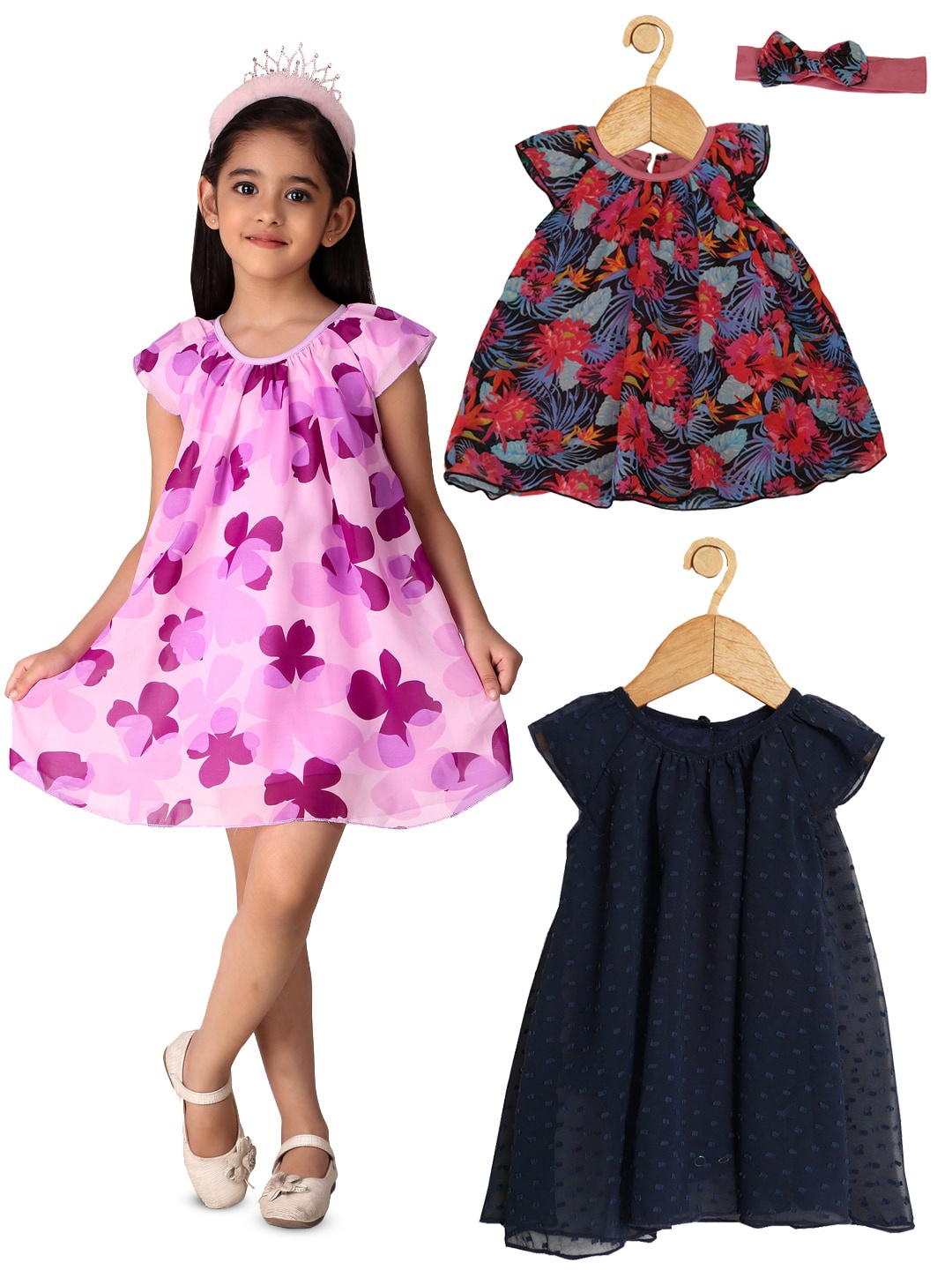 

Creative Kids Girls Pack Of 3 Floral Print Round Neck Fit & Flare Dresses, Purple