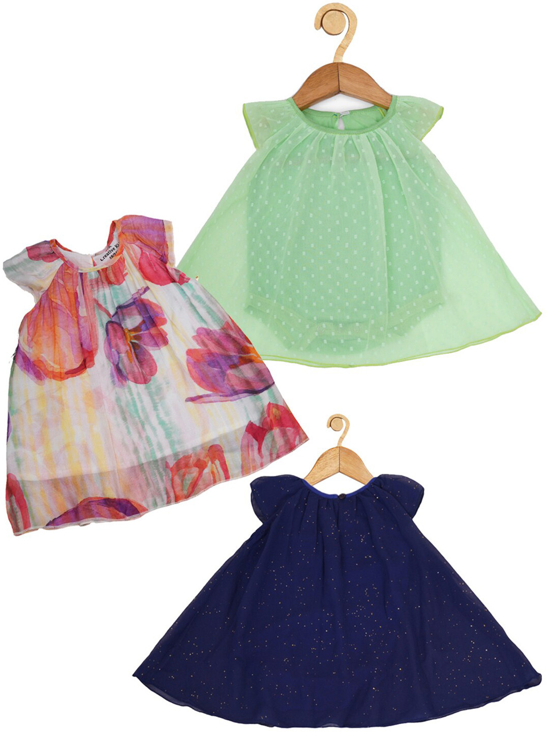 

Creative Kids Girls Pack Of 3 floral Print Round Neck Fit & Flare Dresses, Green