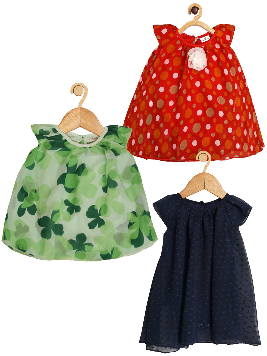 

Creative Kids Girls Pack of 3 Floral Printed Round Neck Cap Sleeves A-Line Dress, Green