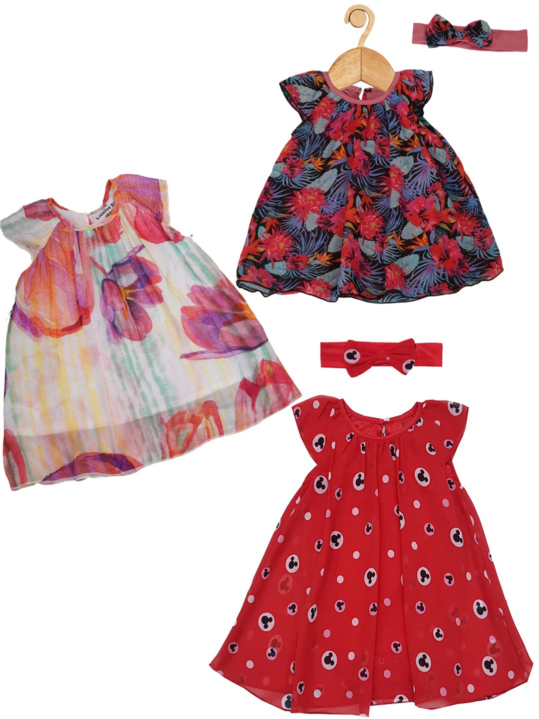 

Creative Kids Girls pack Of 3 Floral Print Round Neck Fit & Flare Dresses, Red