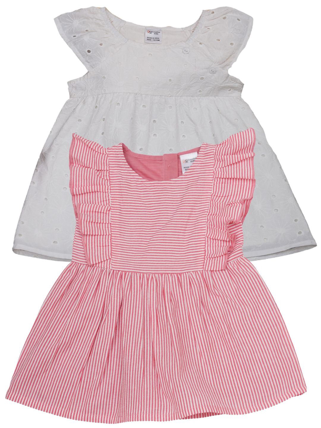 

Creative Kids Girls Pack of 2 Striped Round Neck Cap Sleeves Cotton Fit & Flare Dress, Pink