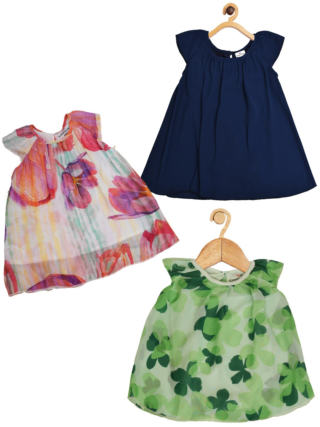 

Creative Kids Girls Pack Of 3 Floral Print Round Neck A-Line Dress, Green