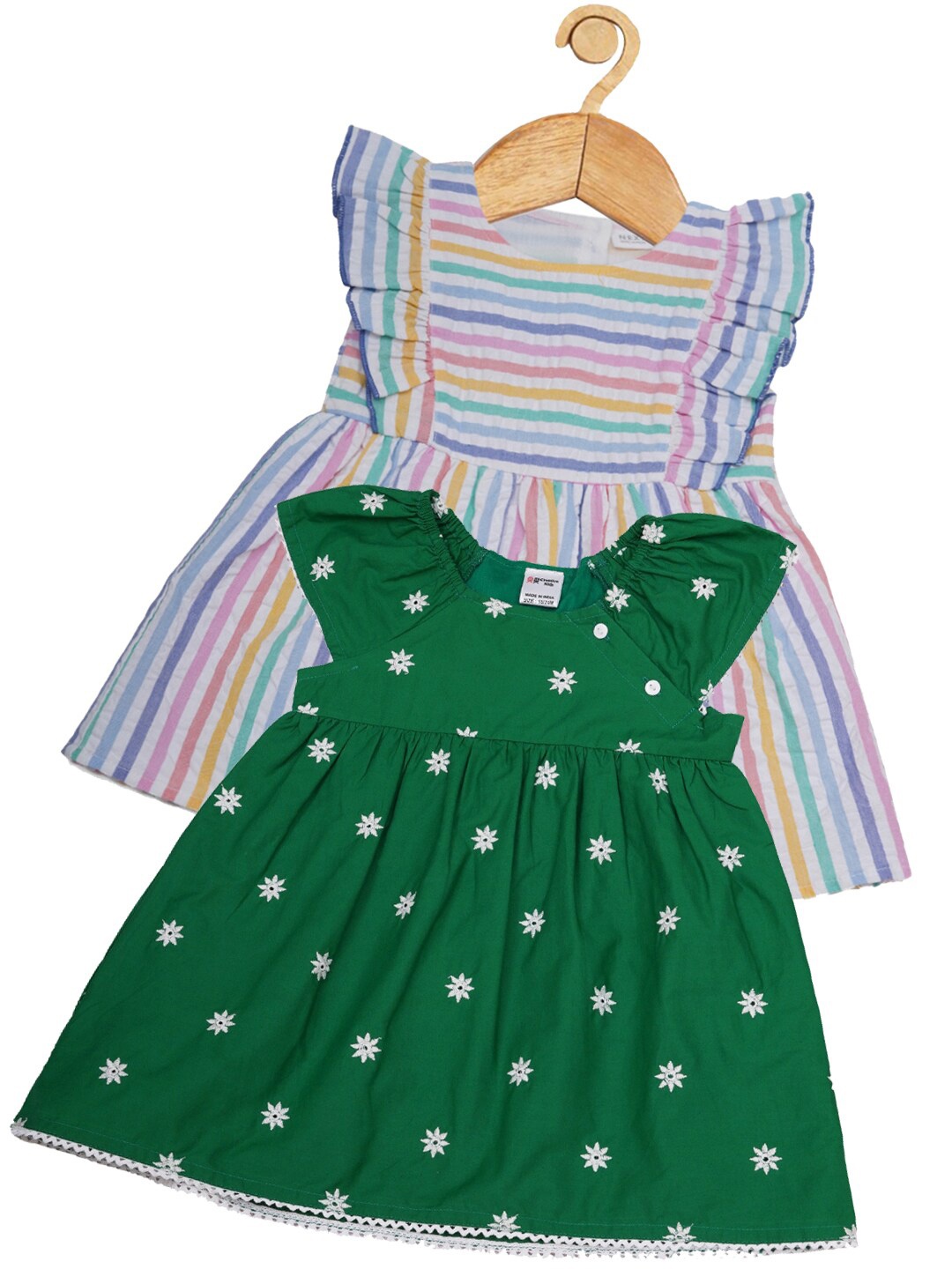 

Creative Kids Girls Pack of 2 Striped Round Neck Cap Sleeves Cotton Fit & Flare Dress, Green