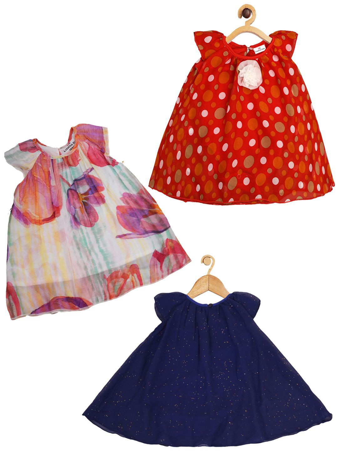 

Creative Kids Girls Pack of 3 Geometric Printed Round Neck Cap Sleeves A-Line Dresses, Pink