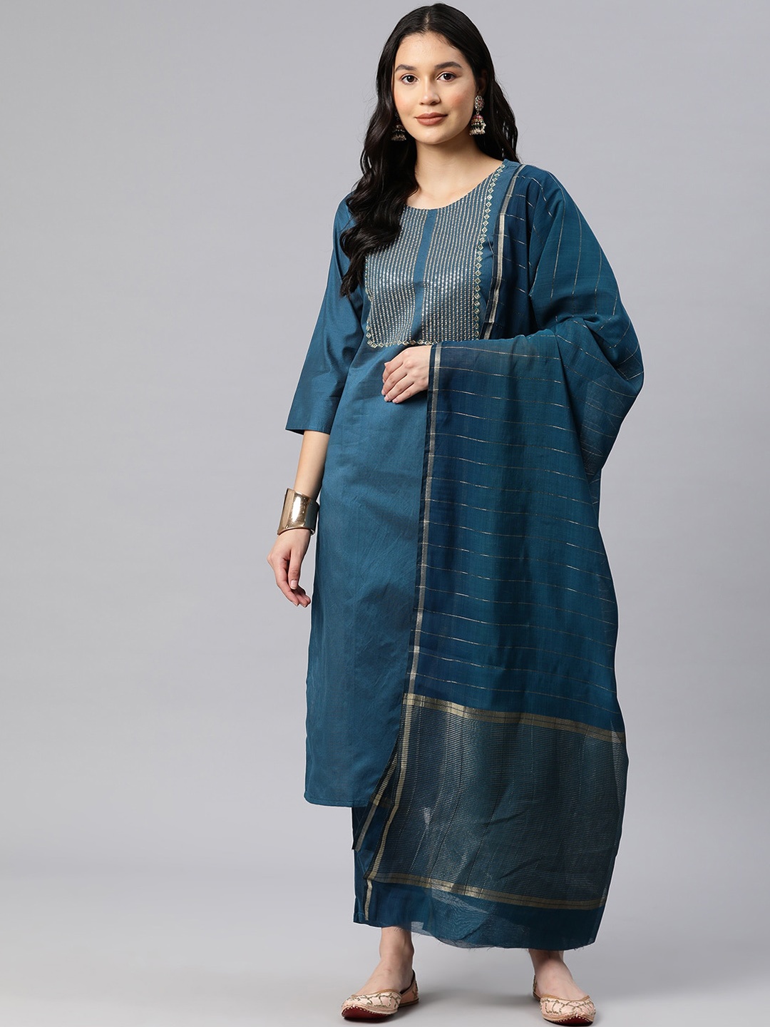 

KAVINDI Embroidered Regular Sequinned Kurta with Trousers & Dupatta, Blue