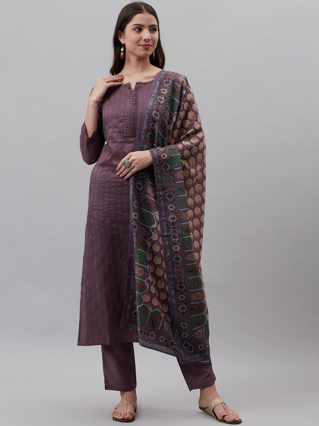 

KAVINDI Vertical Striped Regular Kurta With Trouser & Dupatta, Mauve