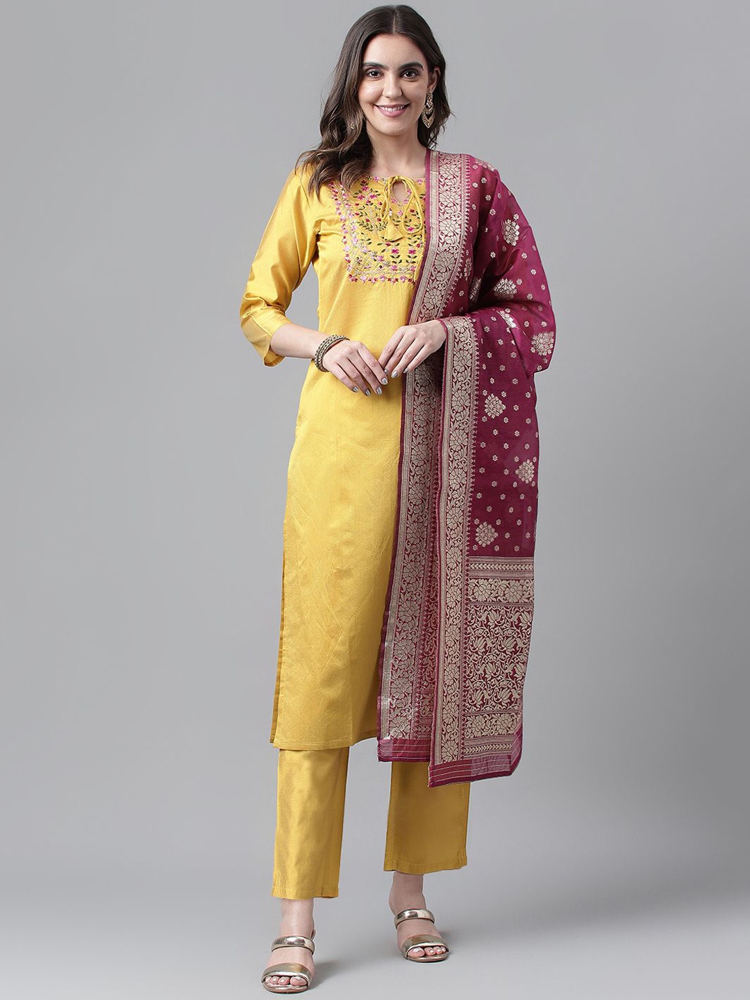 

KAVINDI Embroidered Regular Kurta with Trousers & Dupatta, Yellow