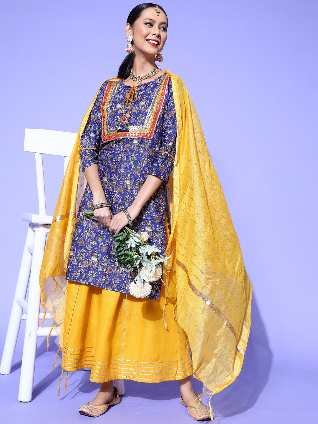 

KAVINDI Floral Printed Regular Gotta Patti Kurta with Skirt & Dupatta, Blue