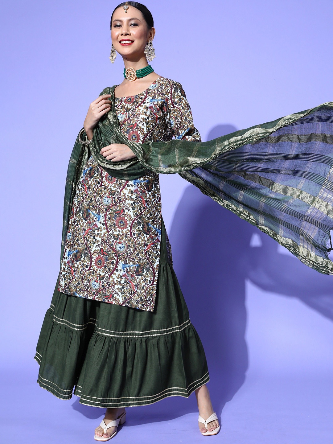 

KAVINDI Floral Printed Regular Thread Work Kurta With Sharara & Dupatta, Green