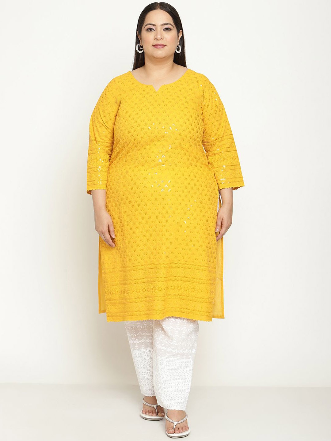 

QUEENLEY Plus Size Ethnic Motifs Embroidered Notch Neck Cotton Chikankari Straight Kurta, Yellow