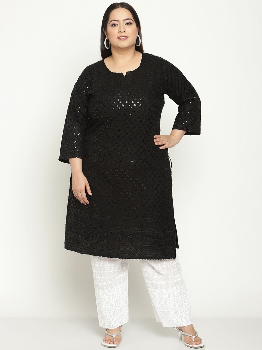 

QUEENLEY Plus Size Ethnic Motifs Embroidered V-Neck Pure Cotton Chikankari Straight Kurta, Black