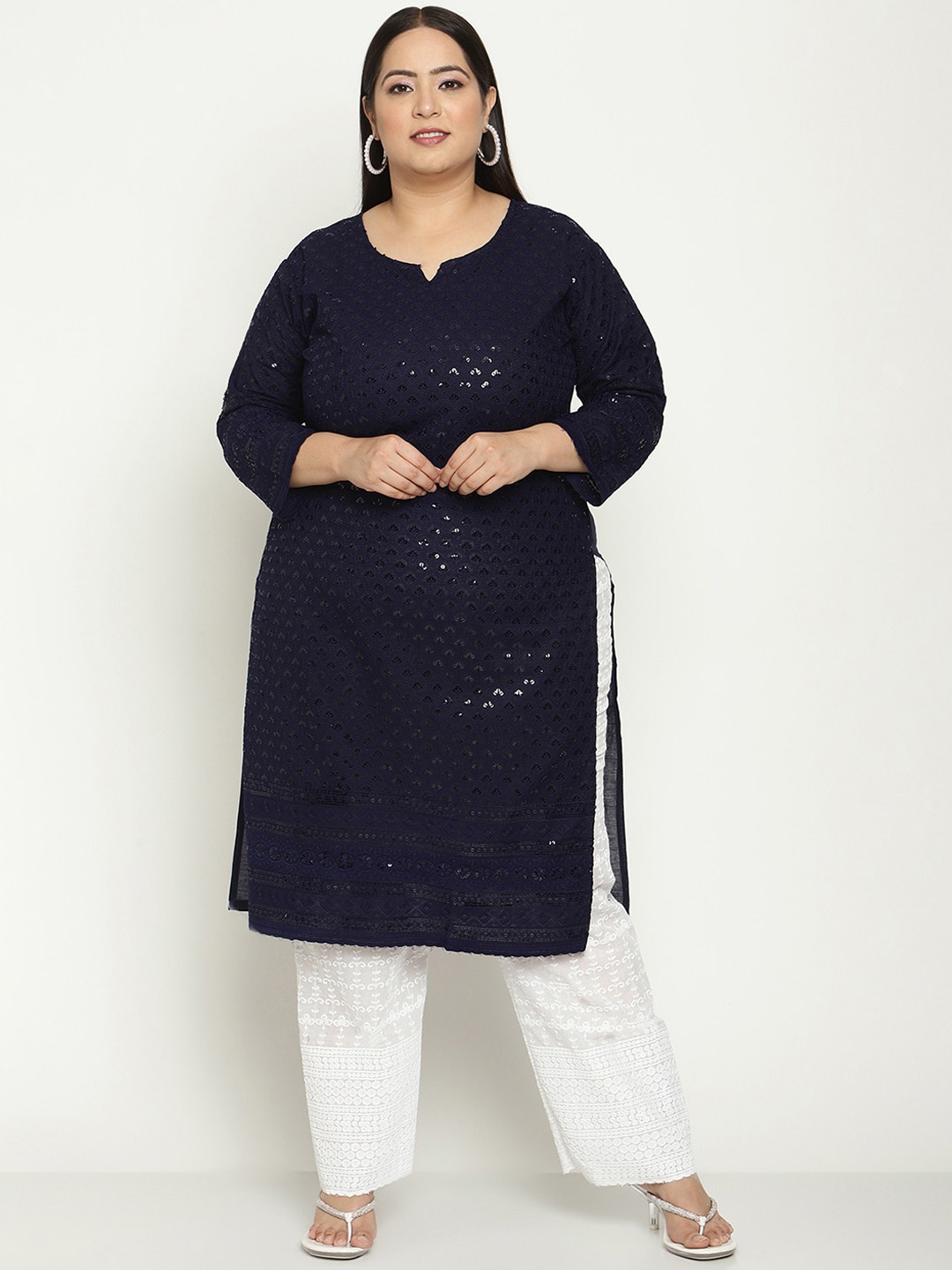 

QUEENLEY Women Flared Sleeves Sequinned Kurta, Navy blue
