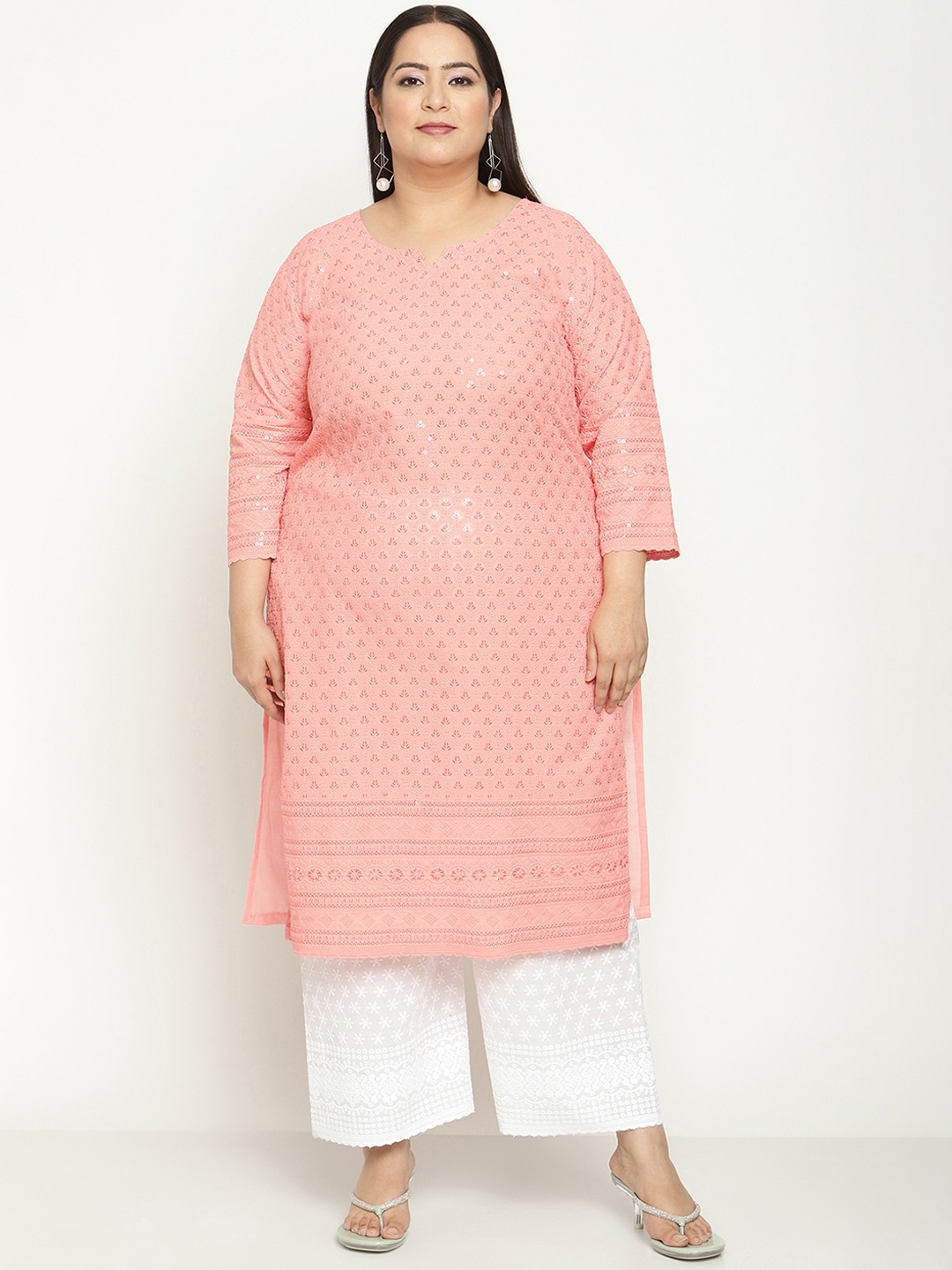 

QUEENLEY Plus Size Floral Embroidered Notch Neck Regular Chikankari Cotton Kurta, Peach