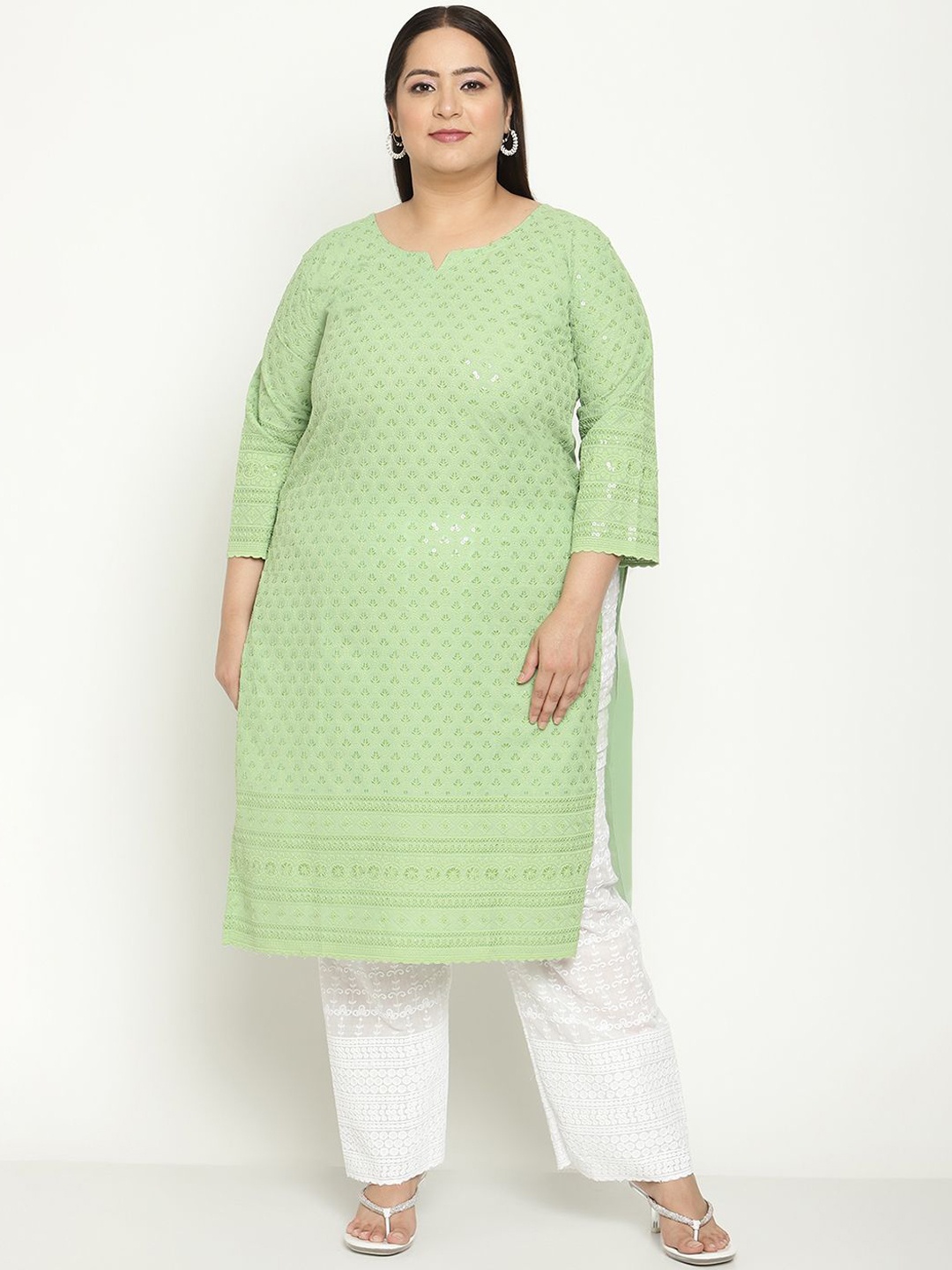 

QUEENLEY Plus Size Floral Embroidered Notch Neck Regular Chikankari Cotton Kurta, Green