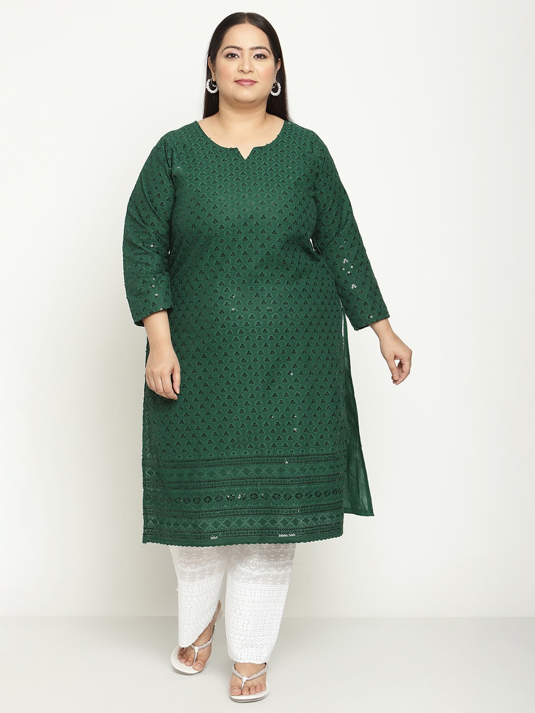 

QUEENLEY Plus Size Floral Embroidered Notch Neck Regular Chikankari Cotton Kurta, Green