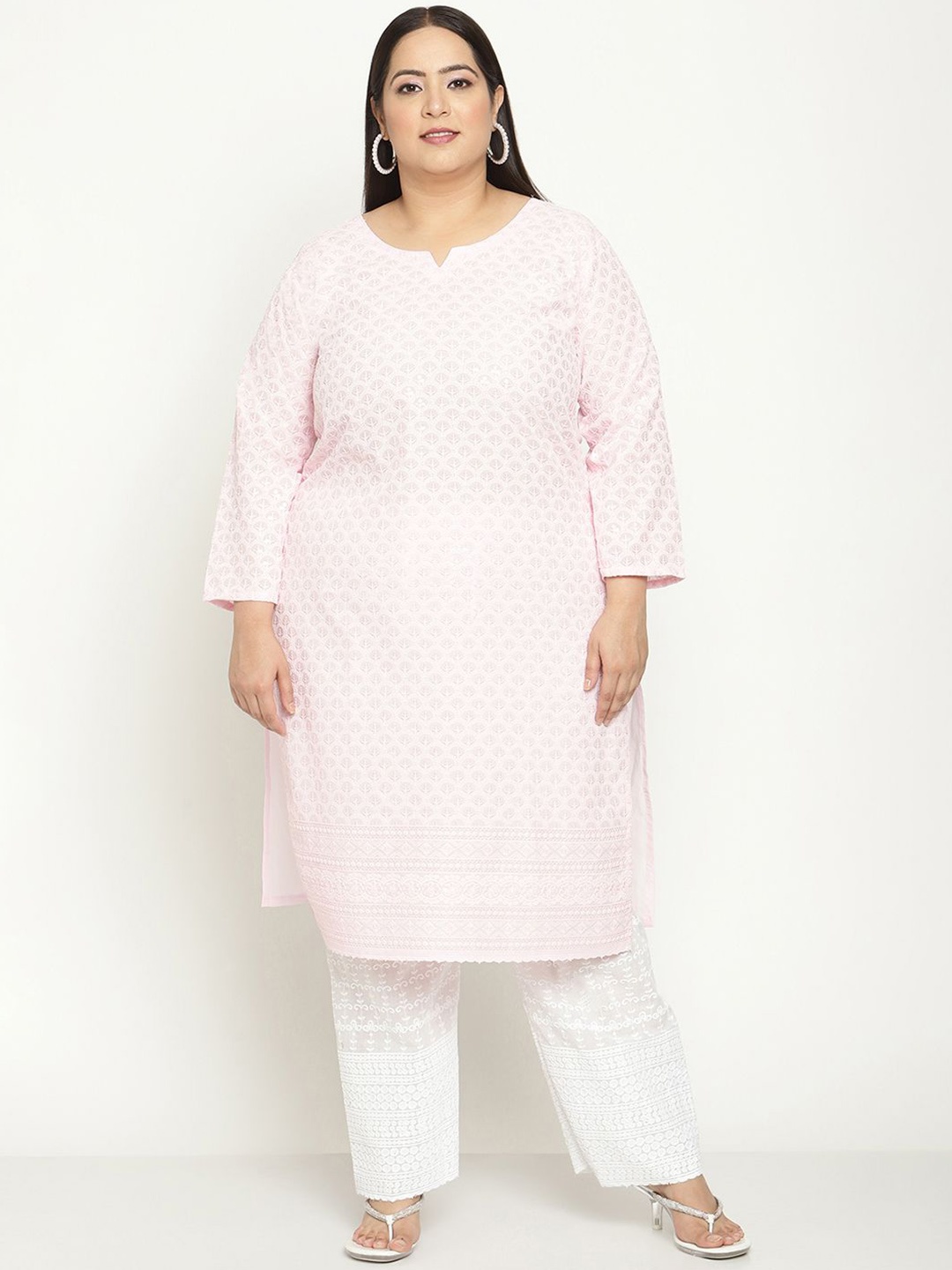 

QUEENLEY Plus Size Ethnic Motifs Embroidered Notch Neck Cotton Chikankari Straight Kurta, Pink