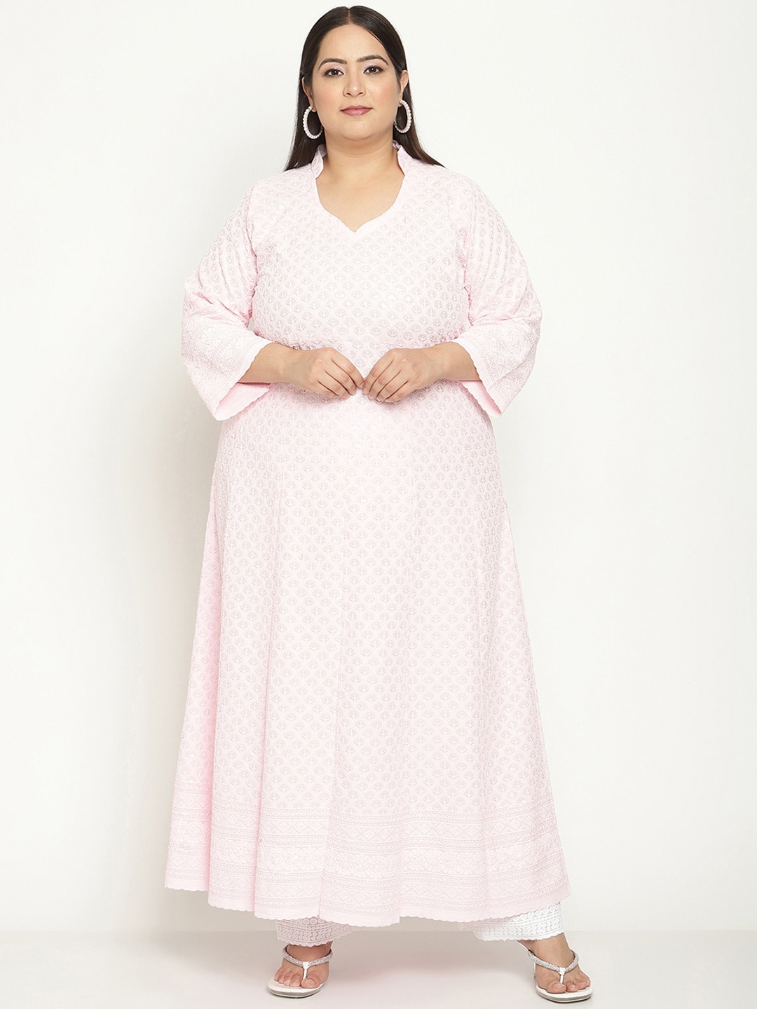 

QUEENLEY Plus Size Ethnic Motifs Embroidered Notch Neck Cotton Chikankari Anarkali Kurta, Pink