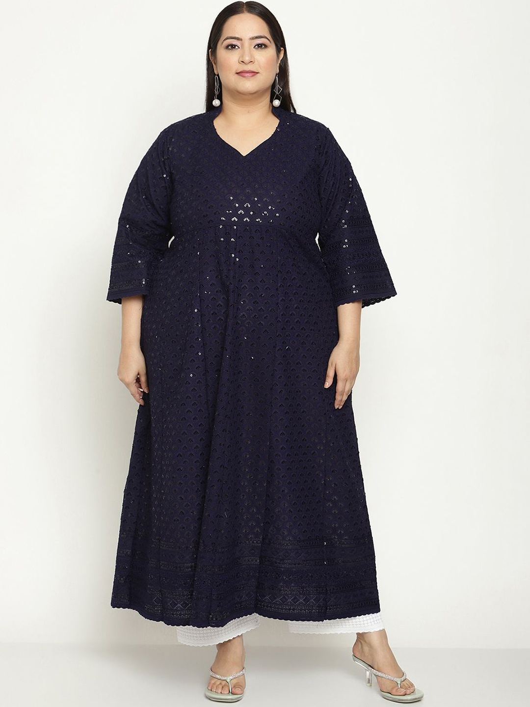 

QUEENLEY Women Embroidered Flared Sleeves Chikankari Anarkali Kurta, Navy blue
