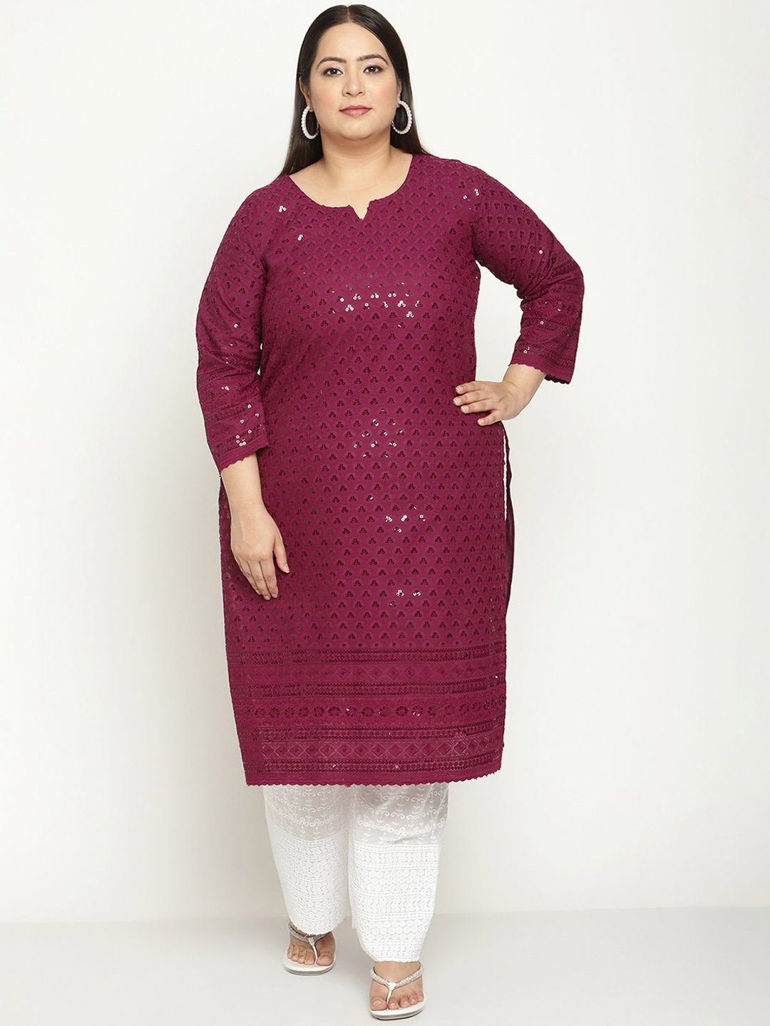 

QUEENLEY Plus Size Ethnic Motifs Embroidered Notch Neck Cotton Chikankari Straight Kurta, Purple