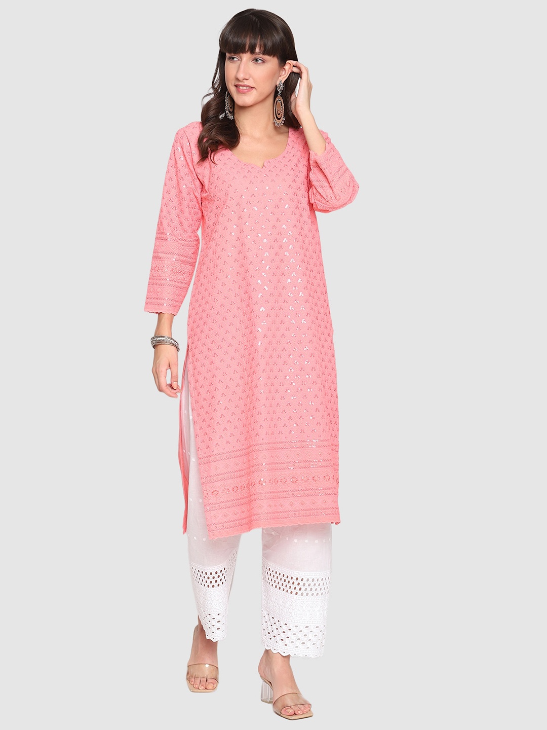 

QUEENLEY Women Ethnic Motifs Embroidered Flared Sleeves Thread Work Kurta, Peach