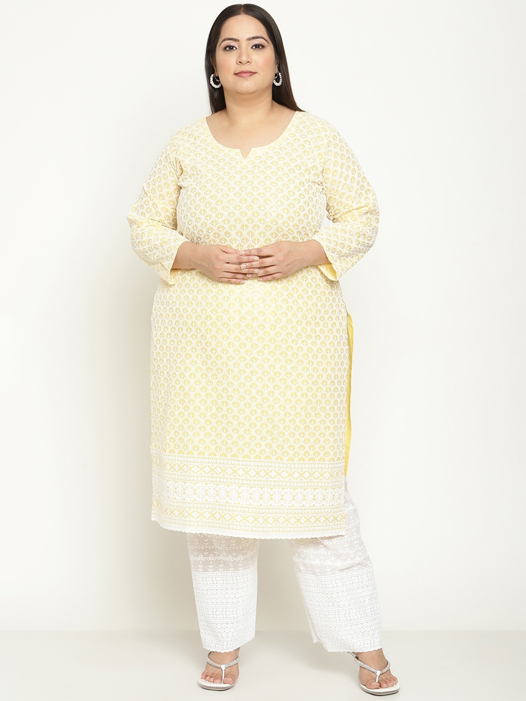 

QUEENLEY Plus Size Ethnic Motifs Embroidered Notch Neck Cotton Chikankari Straight Kurta, Yellow