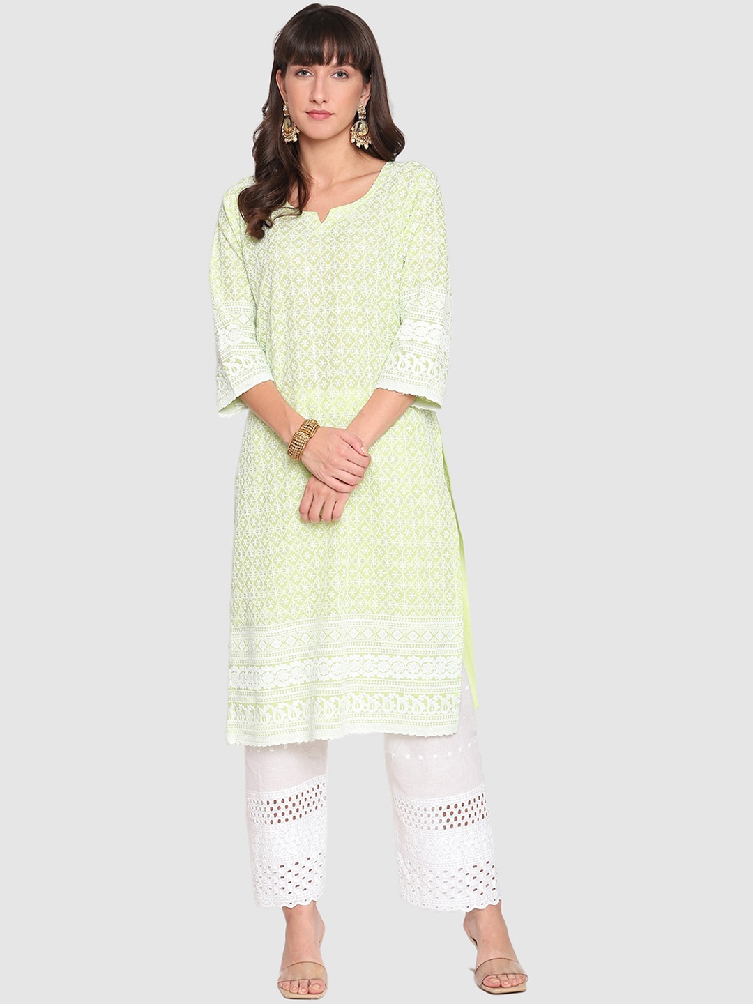 

QUEENLEY Women Ethnic Motifs Embroidered Flared Sleeves Chikankari Kurta, Green