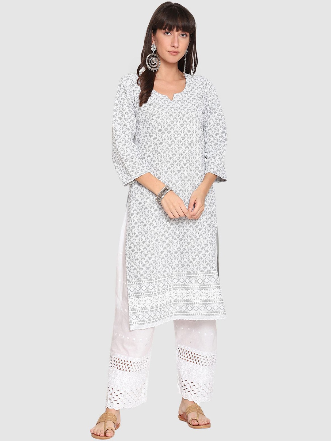 

QUEENLEY Ethnic Motifs Embroidered Notch Neck Cotton Chikankari Straight Kurta, Grey