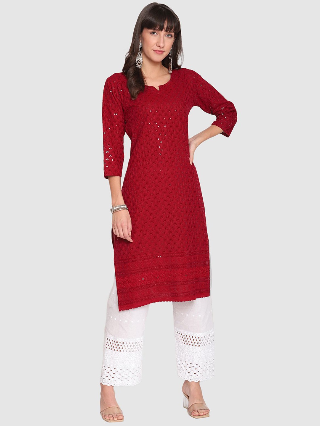 

QUEENLEY Floral Embroidered Notch Neck Regular Chikankari Cotton Kurta, Maroon